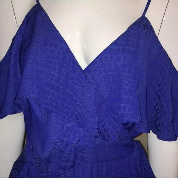 Jennifer Lopez Dress Size XS Blue Snake Print Faux Wrap Cold Shoulder Spring New - Picture 4 of 8
